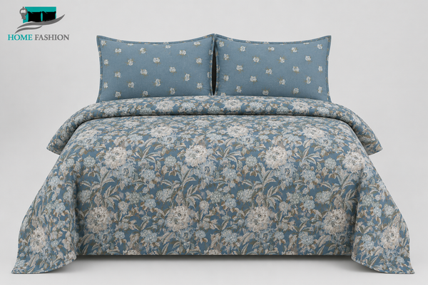 8. Steel Blue Bouquet King Size Bedsheet Set